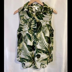 H&M Sheer Sleeveless Palm Print Button-up - Size 6